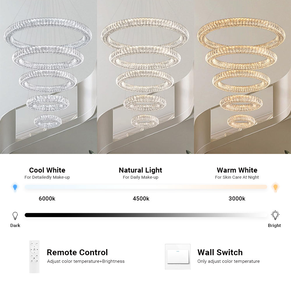 Modern 5 Rings Crystal Chandelier Lighting LED Staircase Lights for High Ceiling