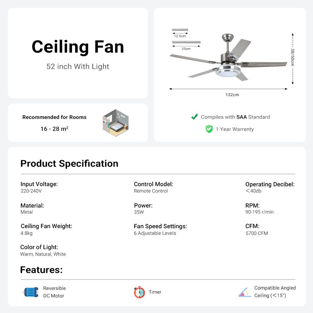 52'' Modern Silver Ceiling Fan with Light & Remote Control by USOR - Australian Ceiling Fan Store