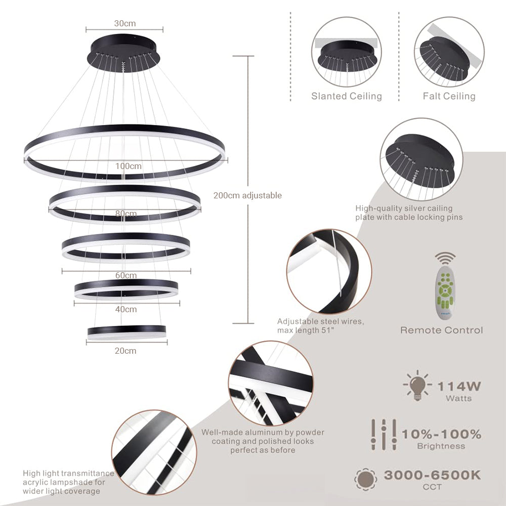 【DIY】Modern Black&White 5/6 Rings Chandeliers Colors Dimmable Home Ceiling Light