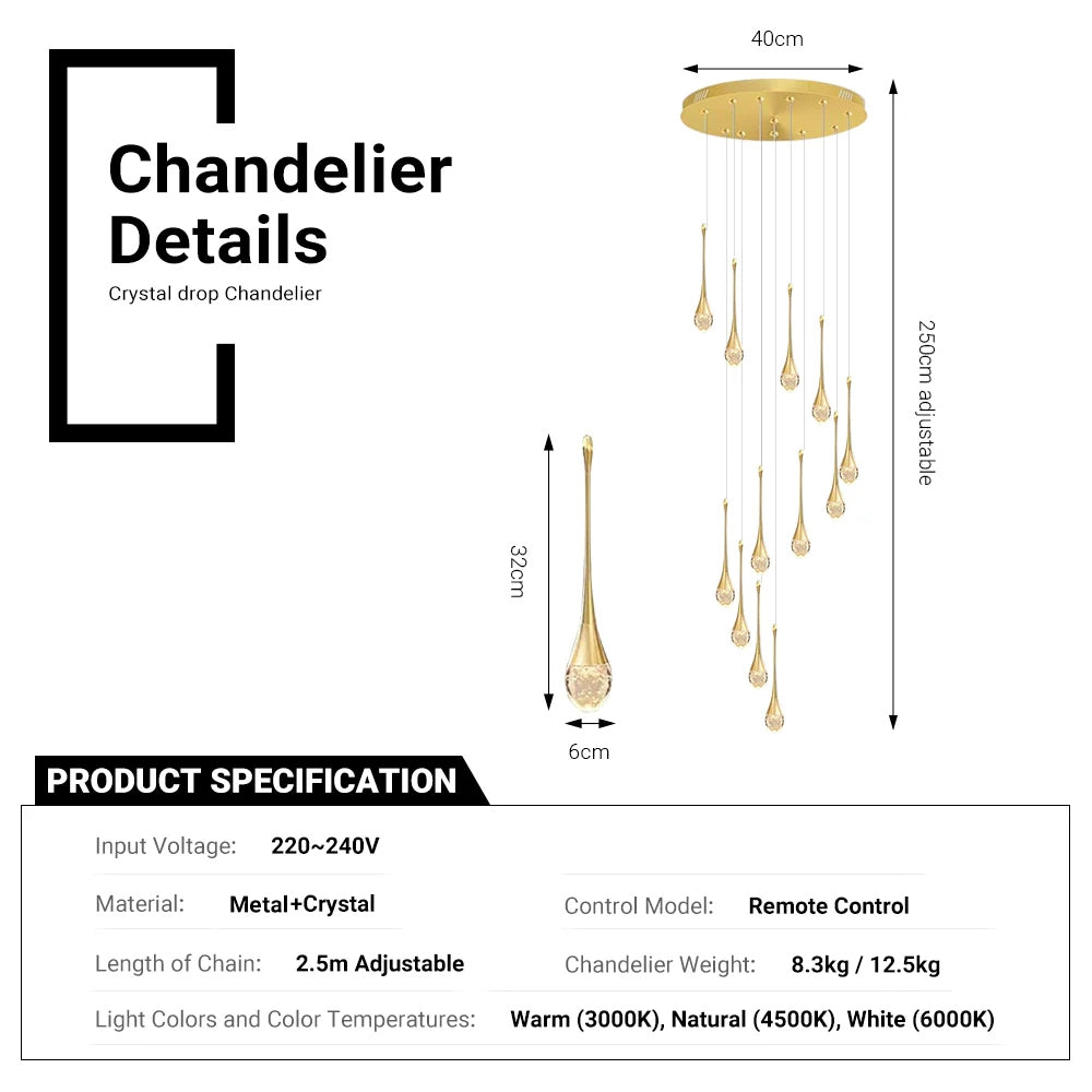 Modern 12/18 Lights Gold Raindrop Pendant Chandelier by USOR - Australian Chandelier Store