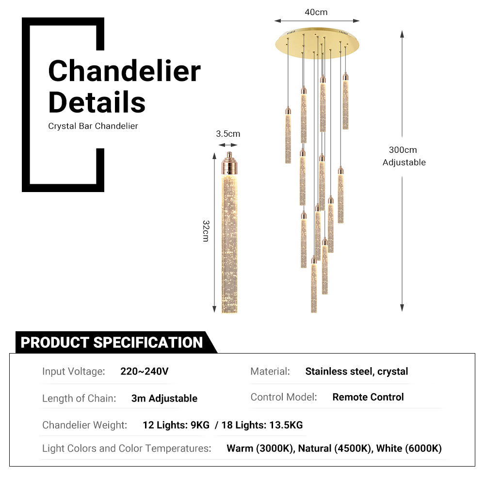 Modern Luxury Gold Crystal Chandelier Chains Adjustable for Staircase Light