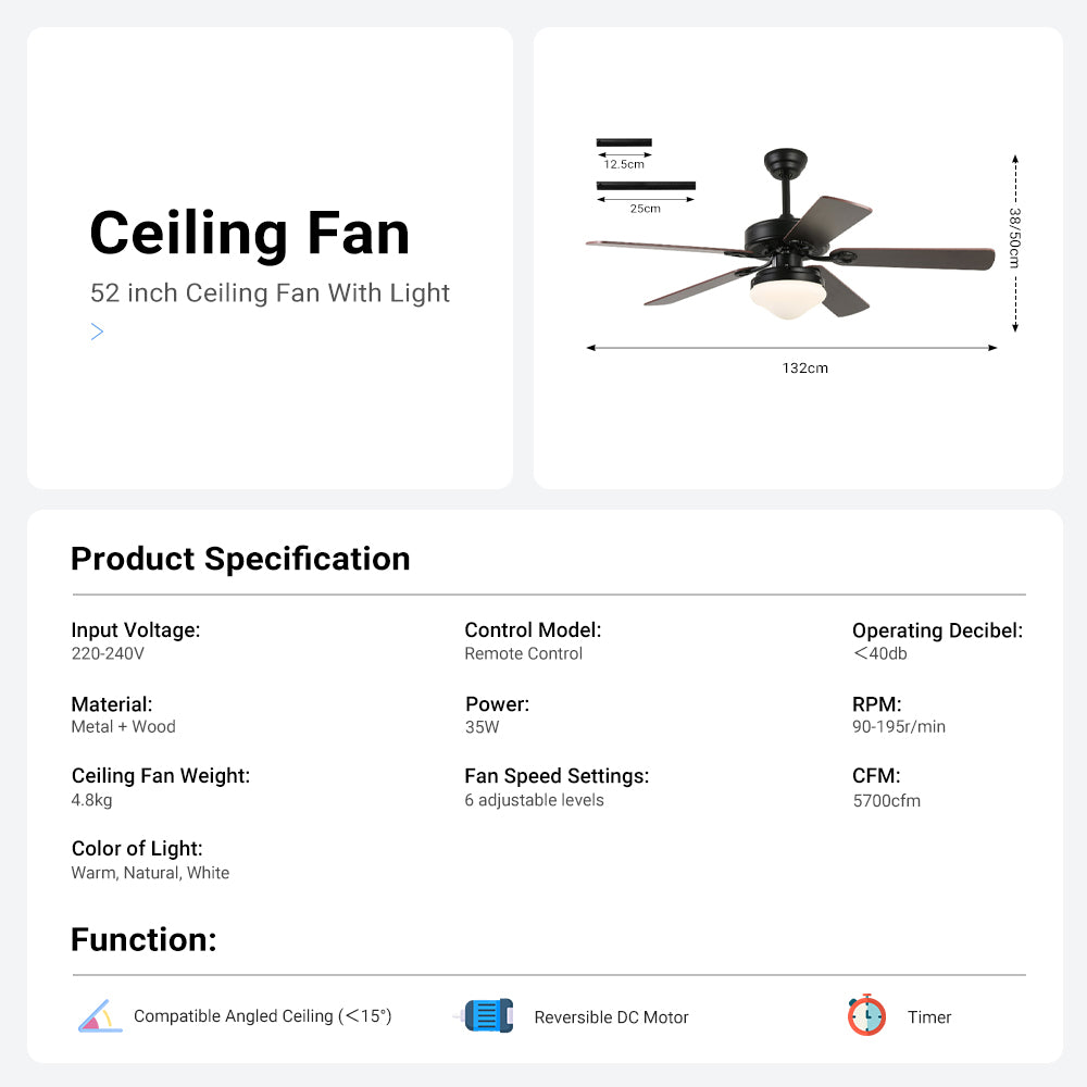 52'' Modern Black Ceiling Fan with Light & Remote Control CF-5209