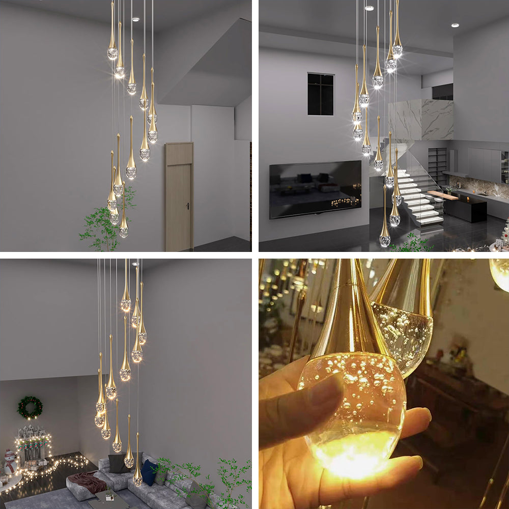 Modern 12/18 Lights Staircase Chandelier Gold Raindrop Pendant Chandelier Lights