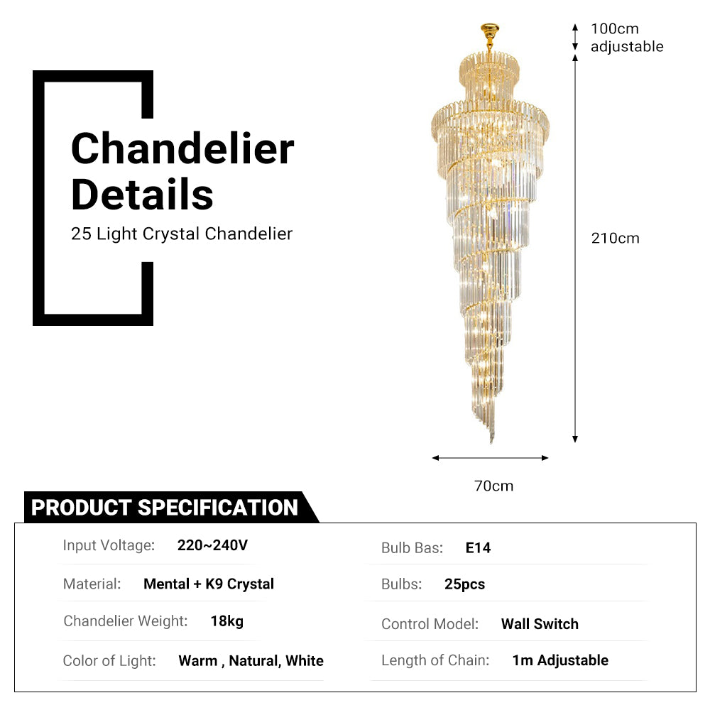 Luxury Modern Staircase Chandelier Spiral Crystal Chandelier for High Ceiling