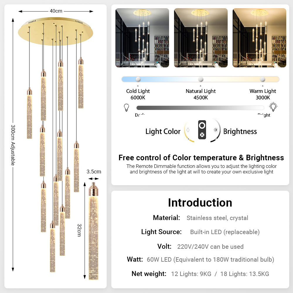 Modern Luxury Gold Crystal Chandelier Chains Adjustable for Staircase Light