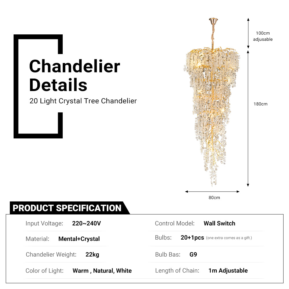 Luxury Crystal Tree Branches Chandelier 20-Lights Staircase Chandelier 180cm