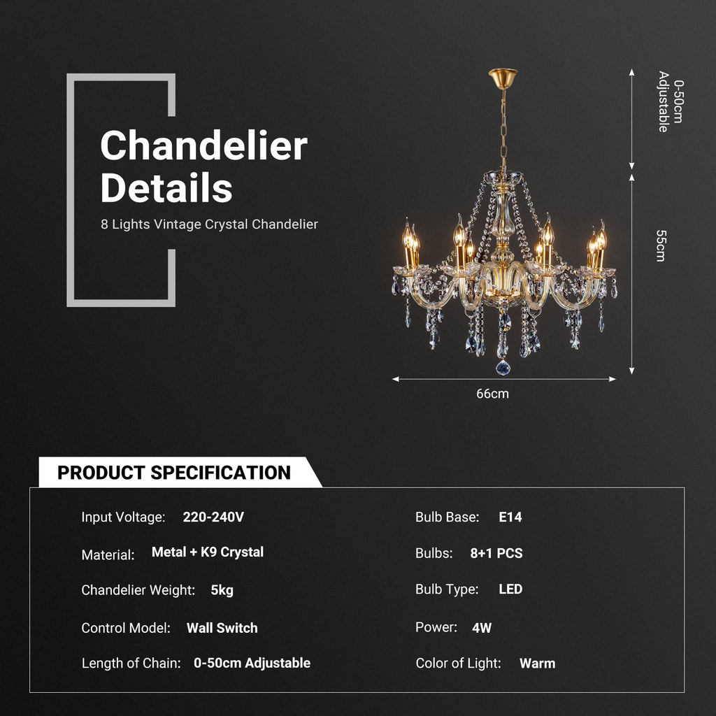 【Vintage】8 Lights Crystal Chandelier Large Ceiling Pendant Light Glass for Living Hallway CL-NCC8