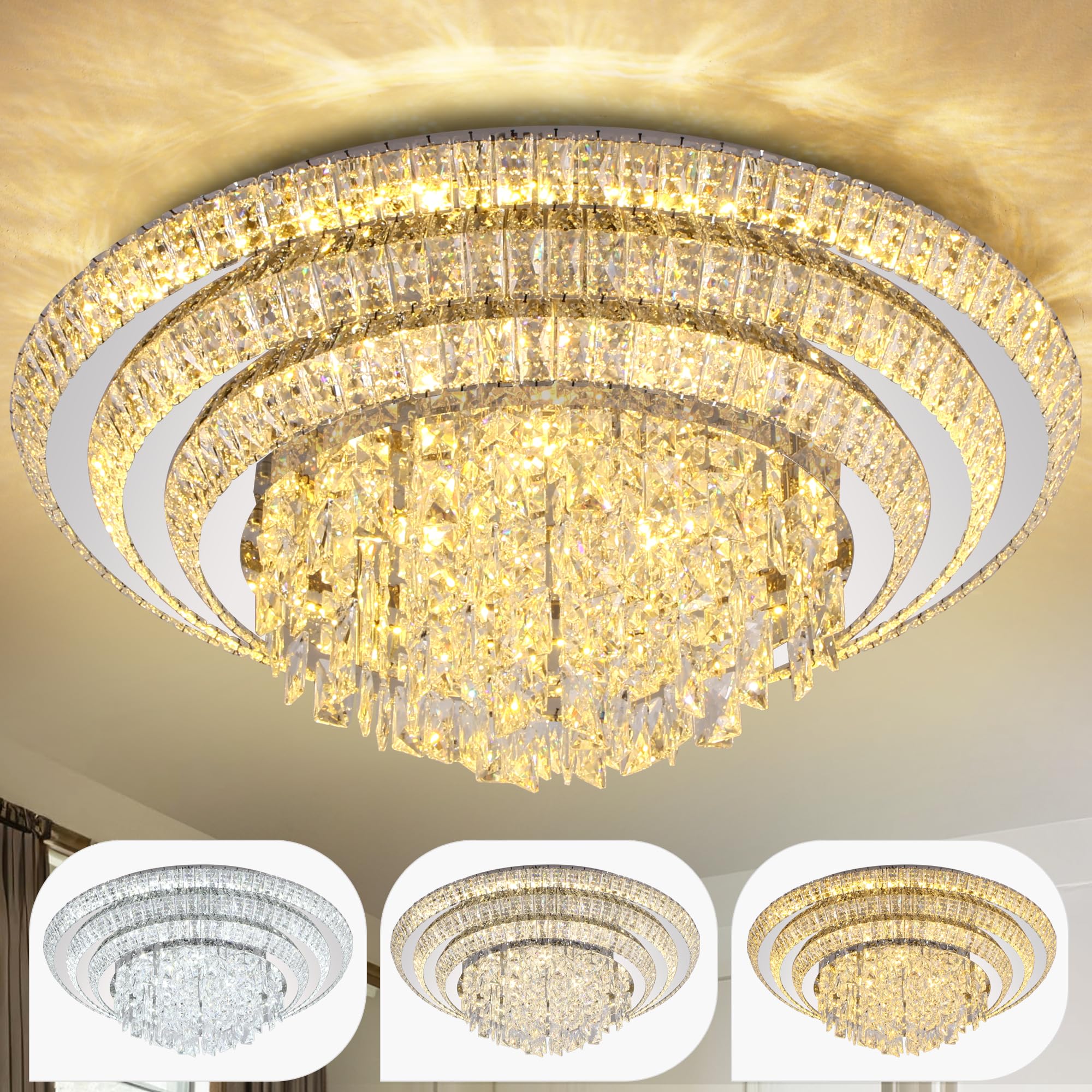 Made-to-Order Modern LED Crystal Ceiling Light 3-Layer Flush Mount Chandelier with Remote, Dimmable 3CCT, for Living Room Bedroom Kitchen Entryway CL-CRC