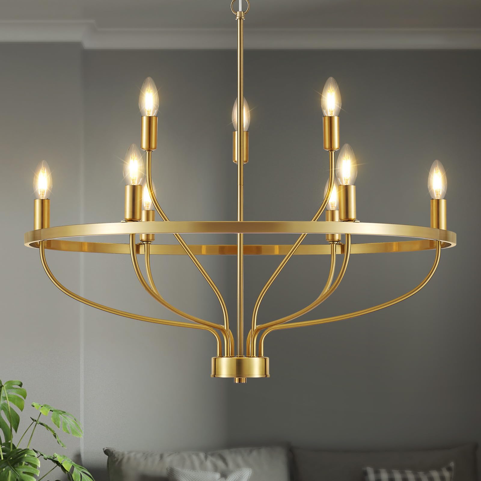 9 Lights Candle Chandelier Gold Farmhouse & Industrial Pendant CL-9HCCG
