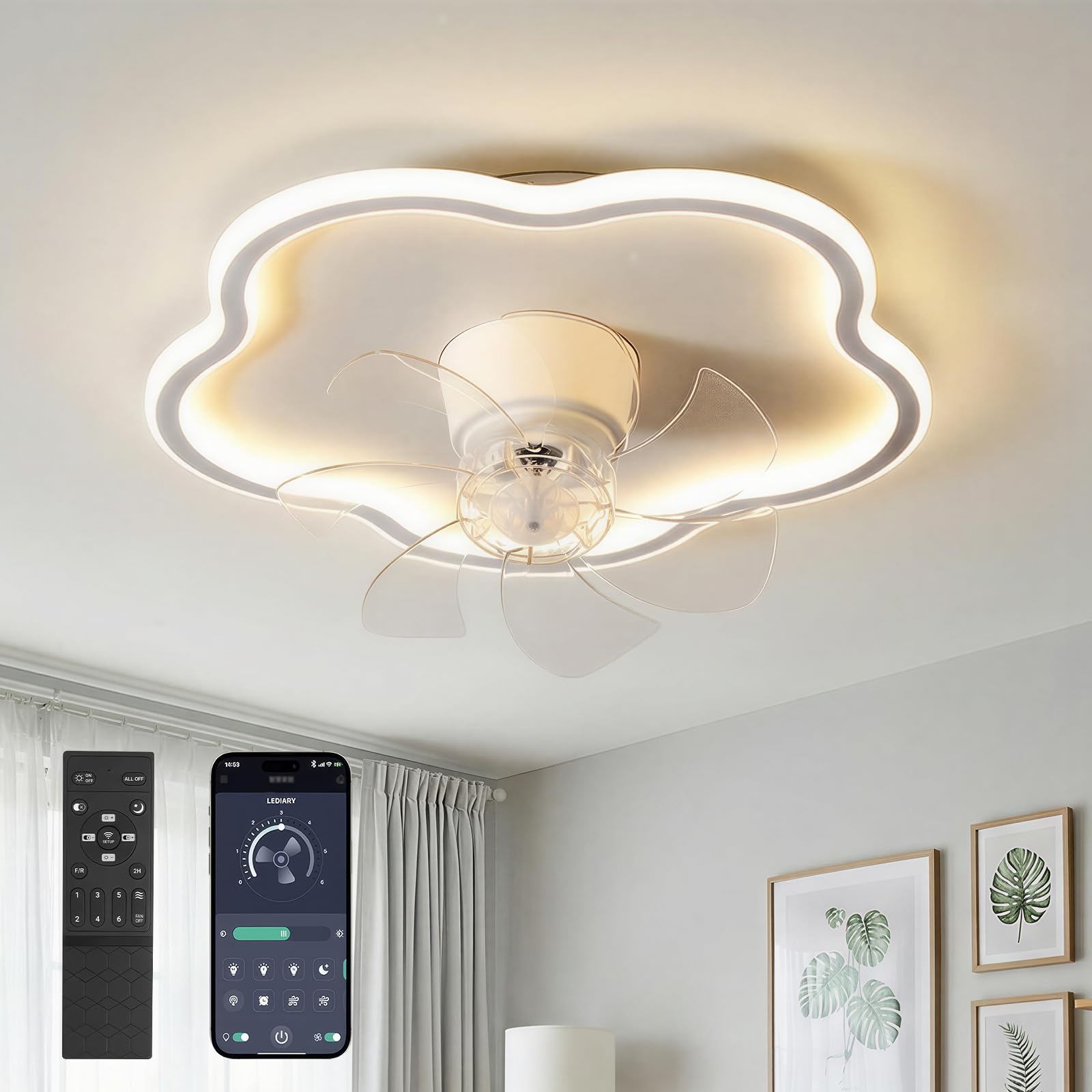 White 20" Ceiling Fan with Lights Remote Smart LED 6 Speeds Reversible Motor CF-YDCL