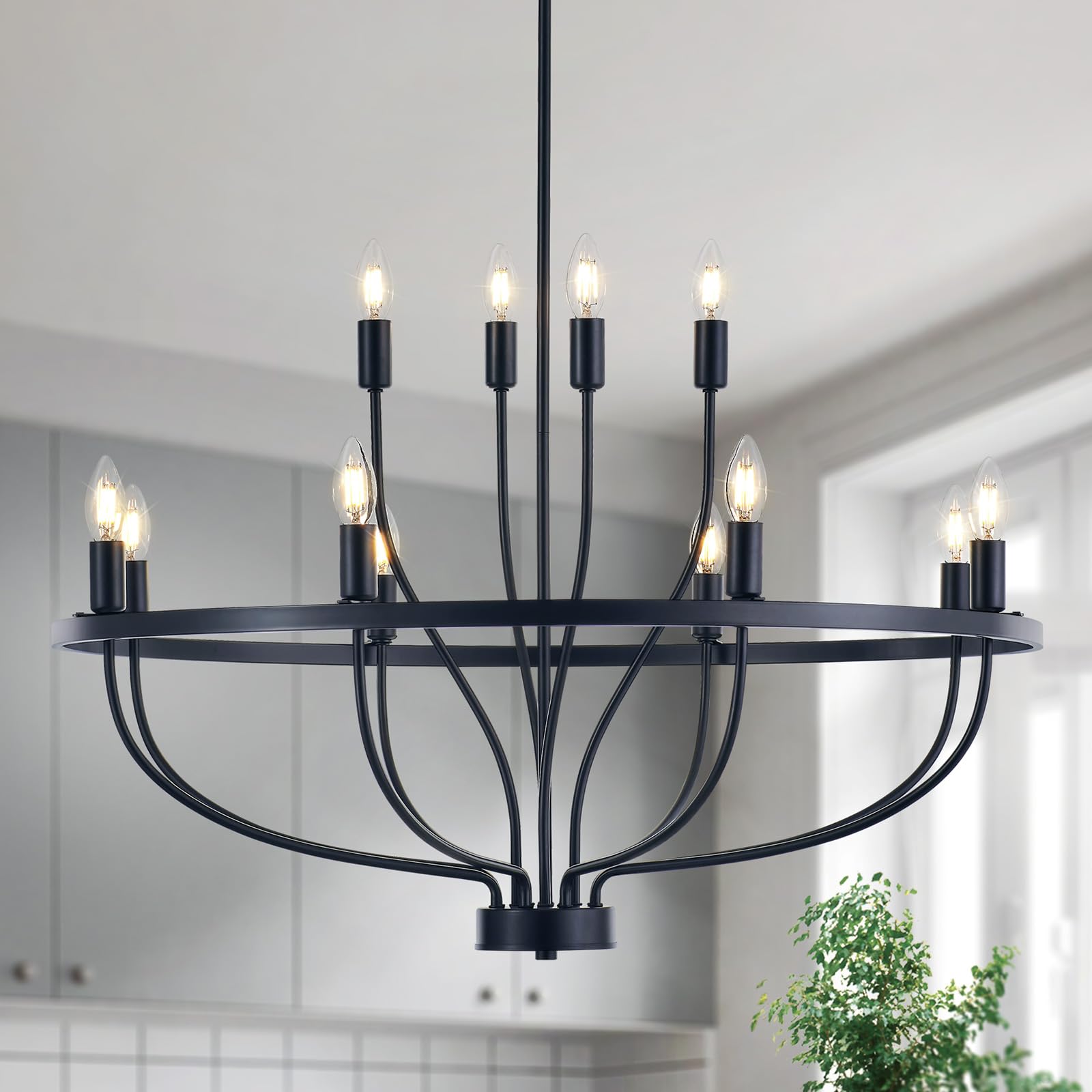 12 Lights Candle Chandelier Black Farmhouse & Industrial Pendant CL-12HCCB