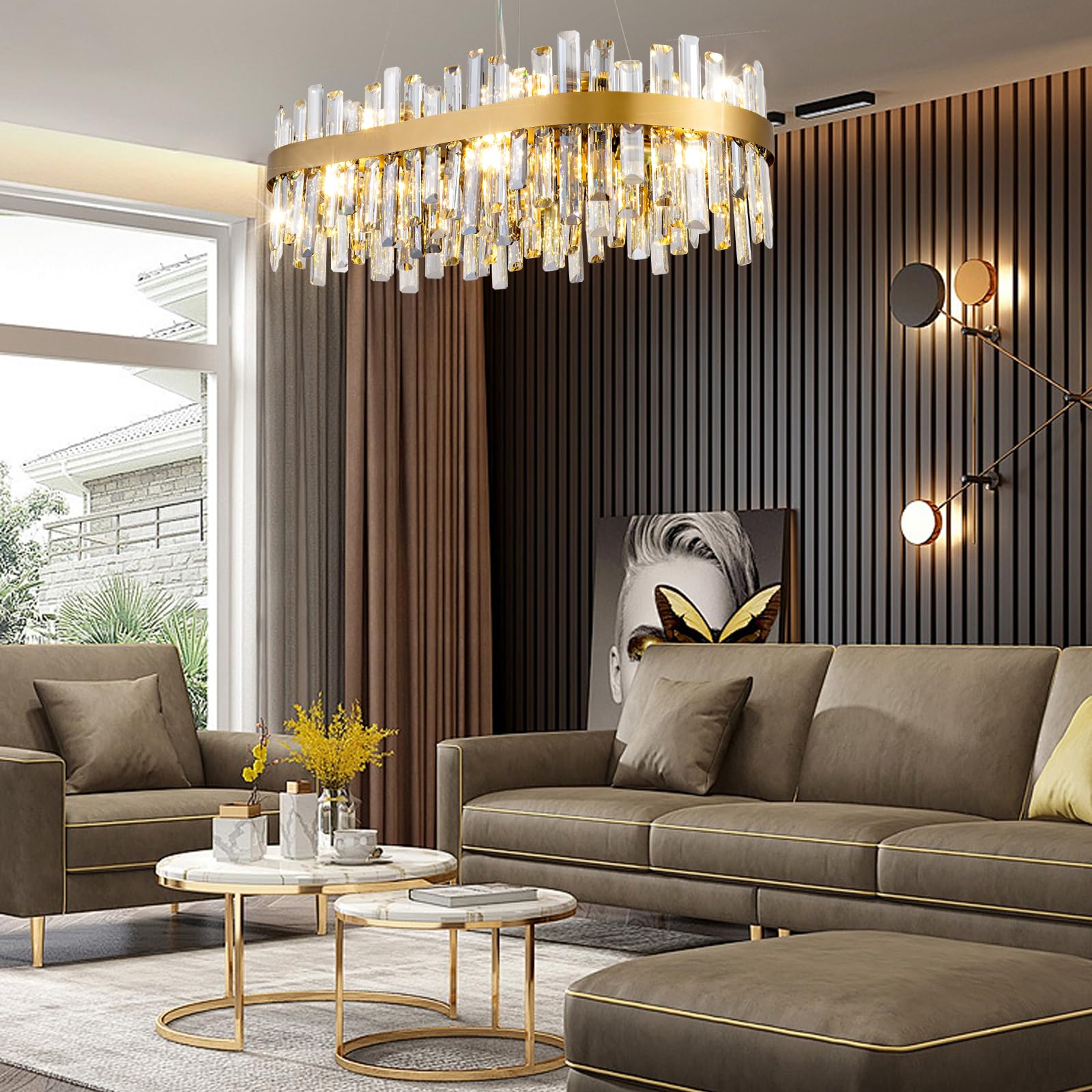 Modern Gold K9 Crystal Chandelier 12-Light Oval Pendant CL-ICCO