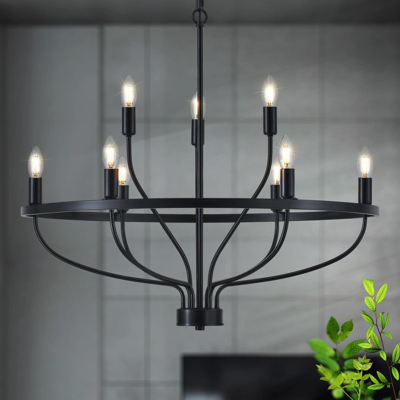 9 Lights Candle Chandelier Black Farmhouse & Industrial Pendant CL-9HCCB