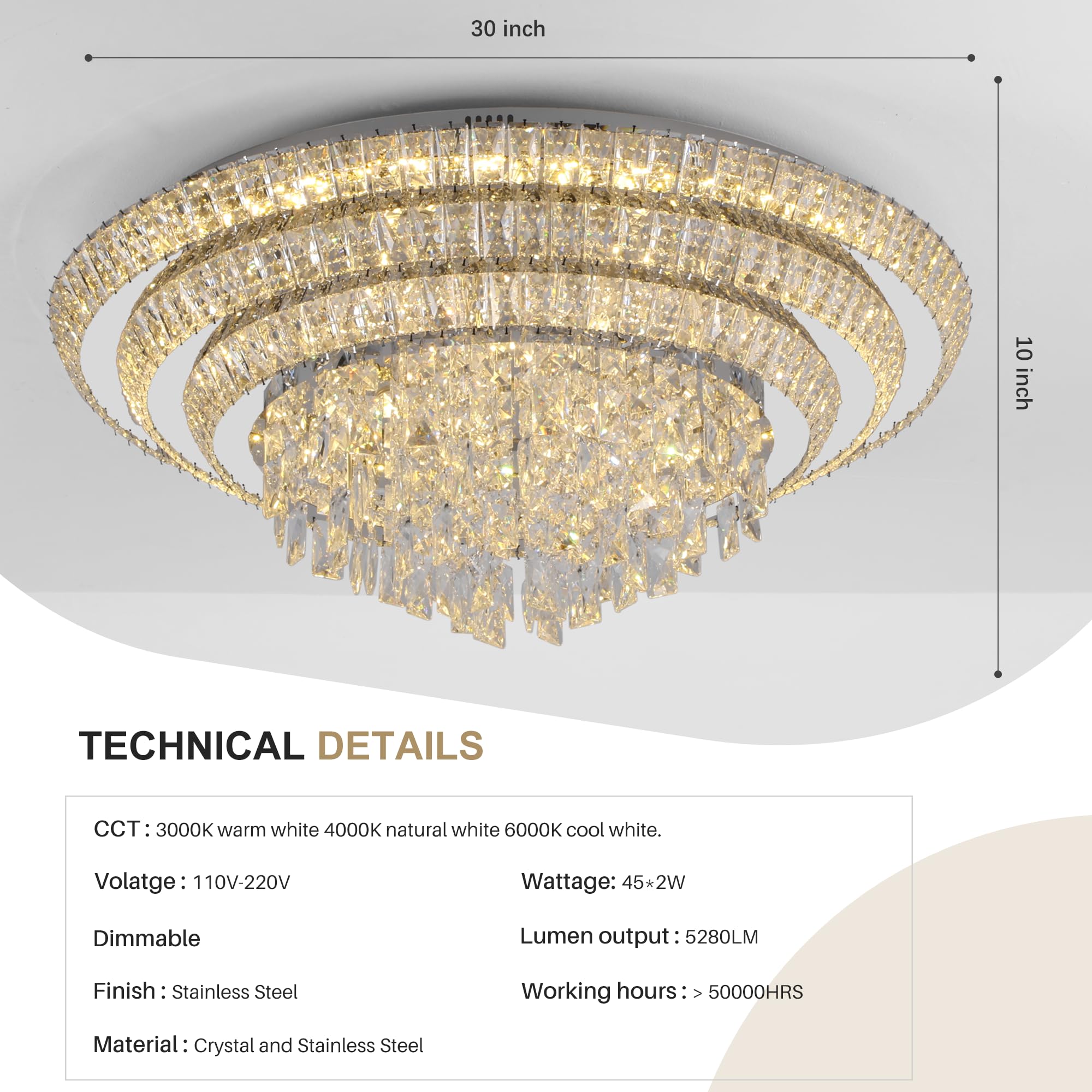 Made-to-Order Modern LED Crystal Ceiling Light 3-Layer Flush Mount Chandelier with Remote, Dimmable 3CCT, for Living Room Bedroom Kitchen Entryway CL-CRC
