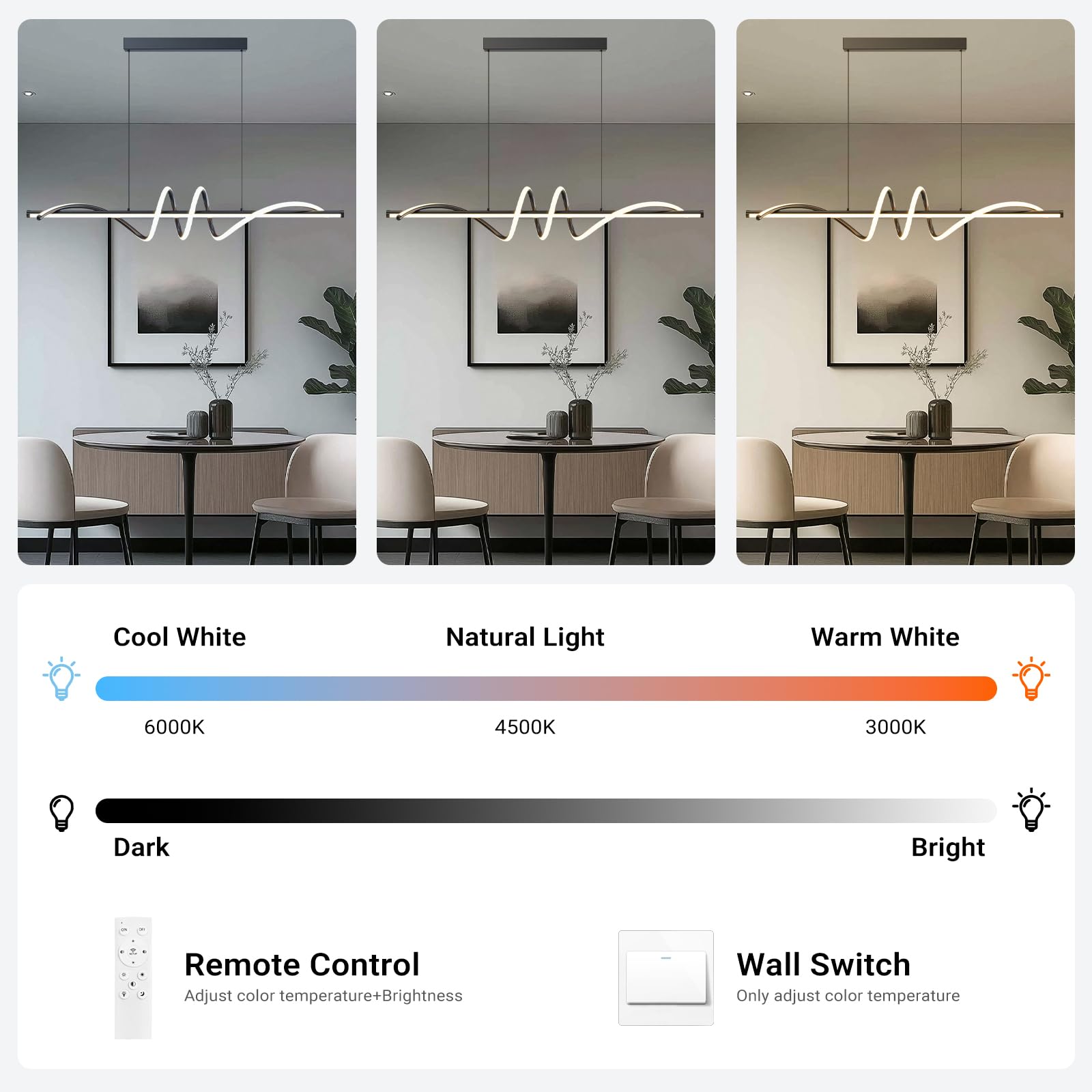 Linear LED Modern Wave Chandelier Black Dimmable Island Light CL-MW