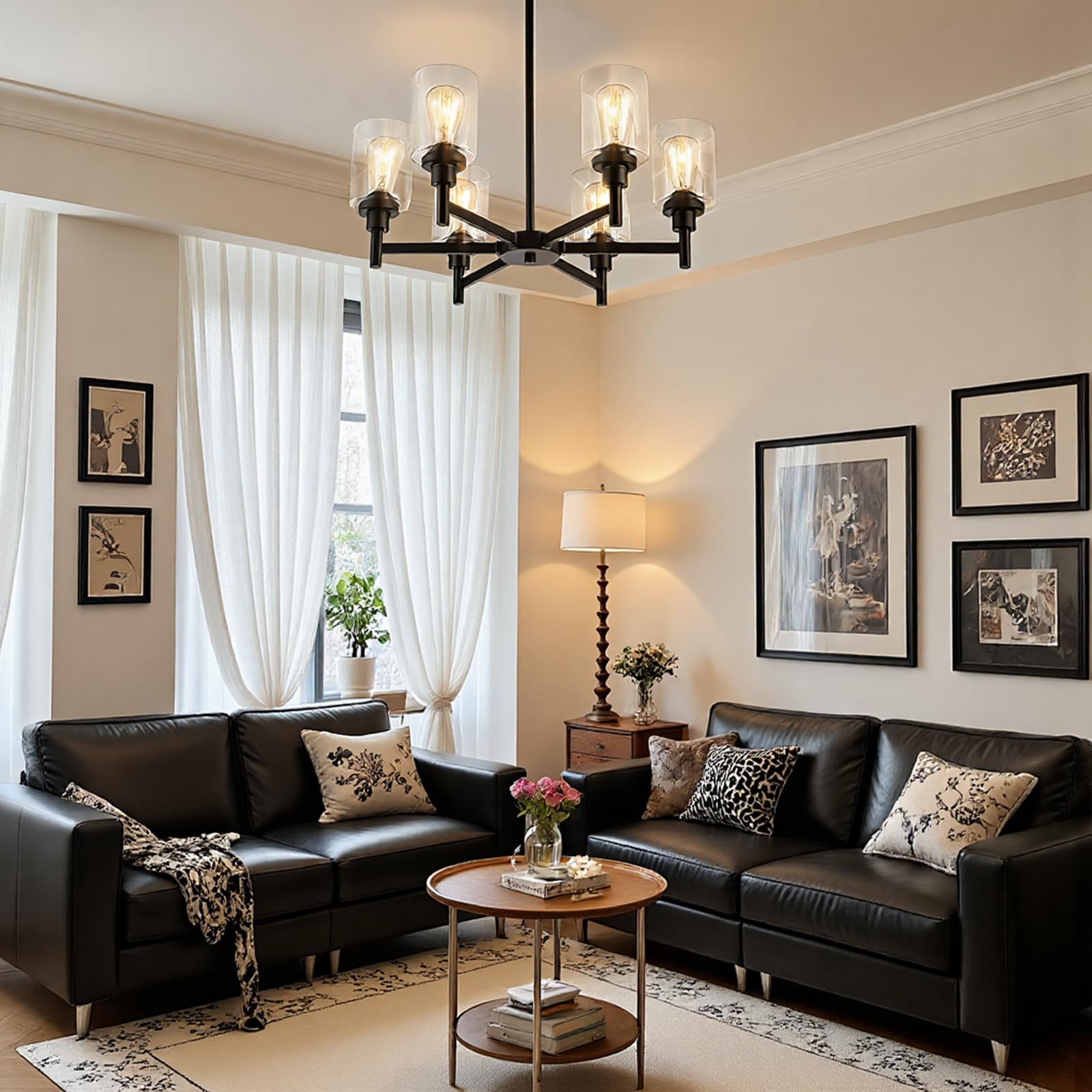 Modern Black 6-Light Glass Chandelier Industrial Farmhouse Ceiling Light CL-LGSC