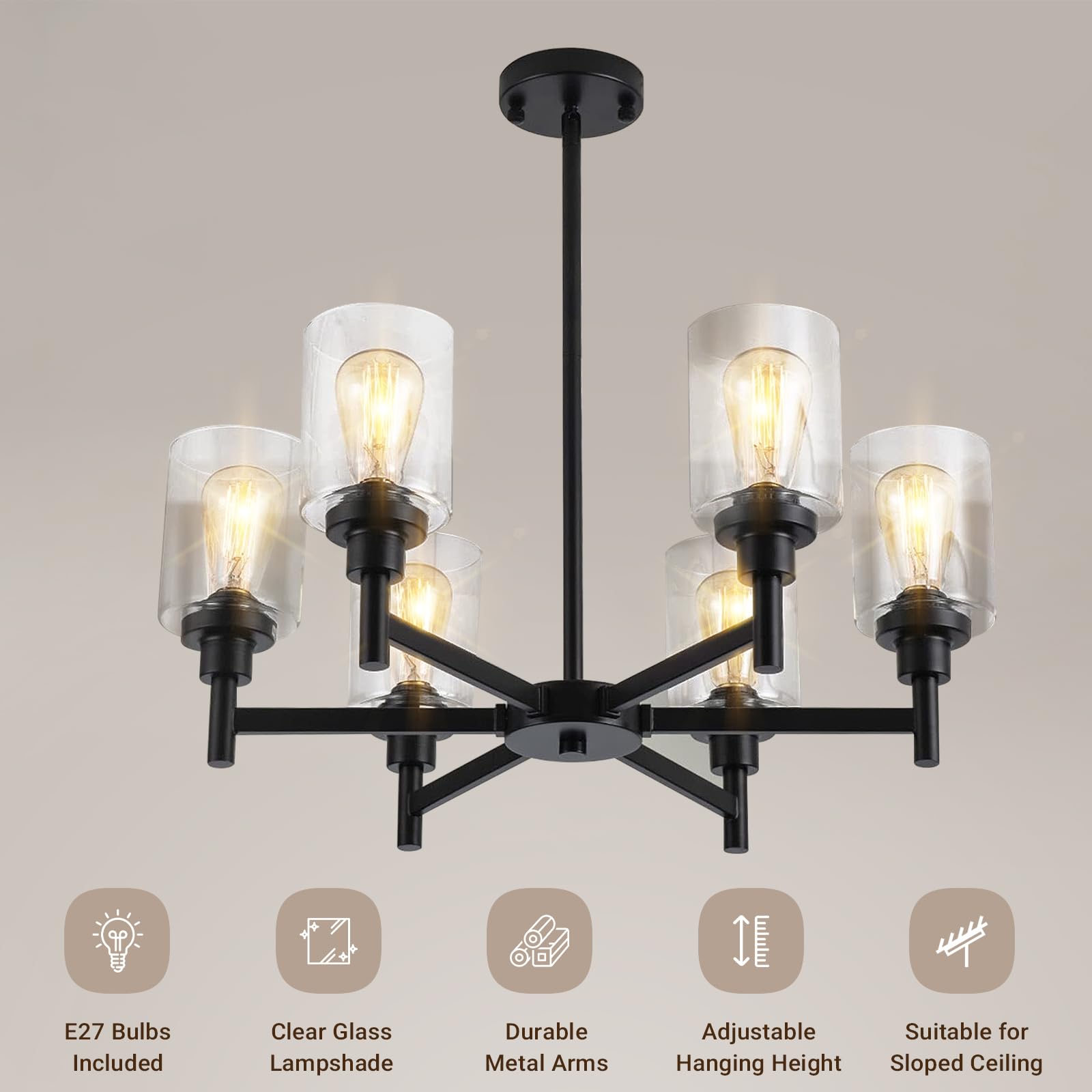 Modern Black 6-Light Glass Chandelier Industrial Farmhouse Ceiling Light CL-LGSC