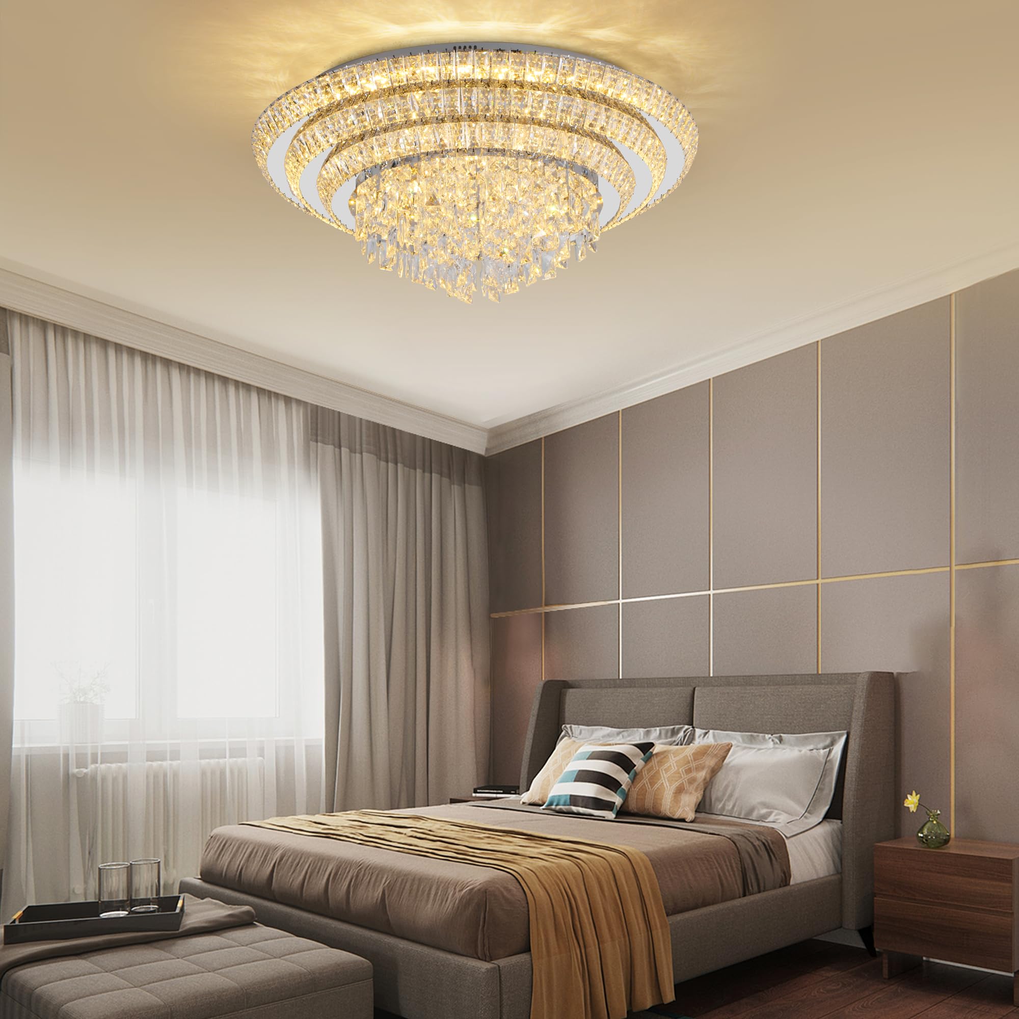 Made-to-Order Modern LED Crystal Ceiling Light 3-Layer Flush Mount Chandelier with Remote, Dimmable 3CCT, for Living Room Bedroom Kitchen Entryway CL-CRC