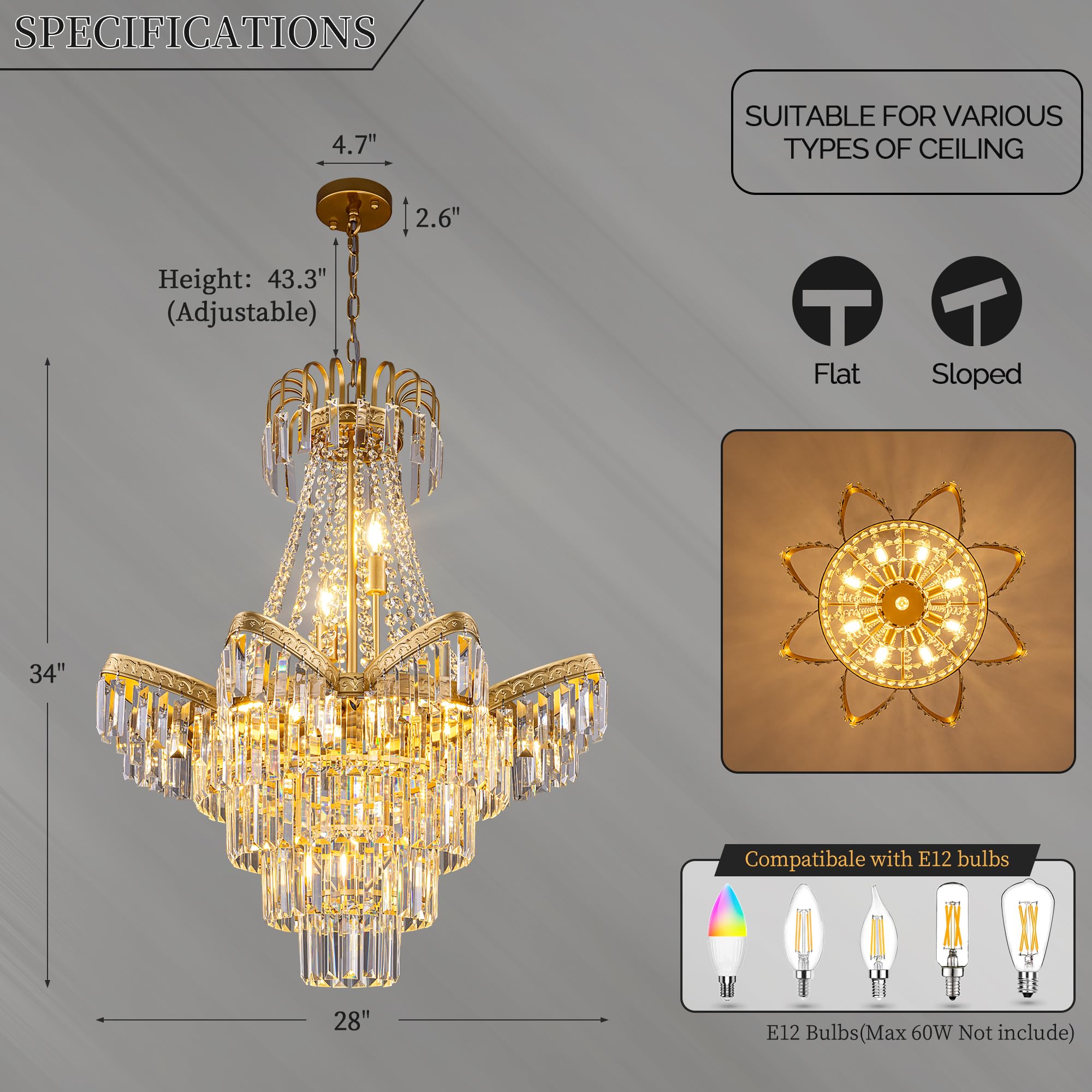 Made-to-Order High Ceiling Empire Crystal Chandelier 11-Light Vintage Gold Chandelier for Foyer, Entryway, Dining Room CL-FEC