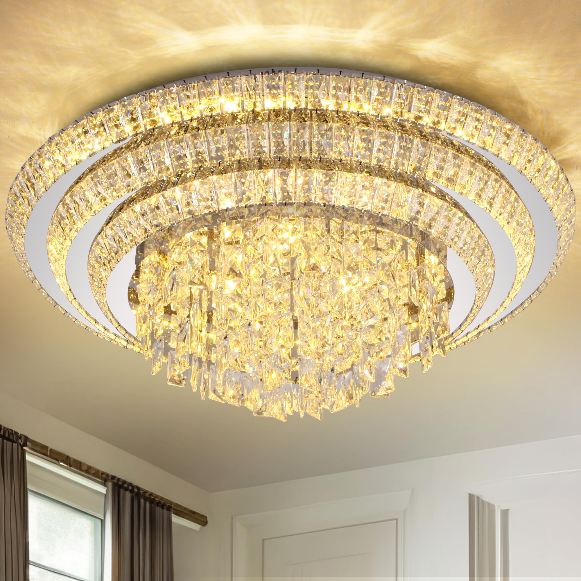 Made-to-Order Modern LED Crystal Ceiling Light 3-Layer Flush Mount Chandelier with Remote, Dimmable 3CCT, for Living Room Bedroom Kitchen Entryway CL-CRC