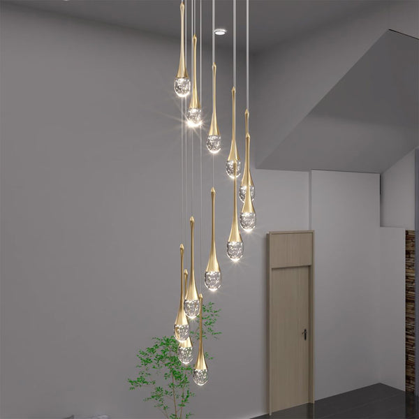 Modern 12/18 Lights Staircase Chandelier Gold Raindrop Pendant Chandelier Lights