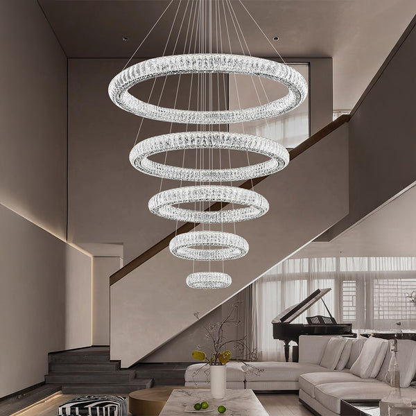 Modern 5 Rings Crystal Chandelier Lighting LED Staircase Lights for High Ceiling