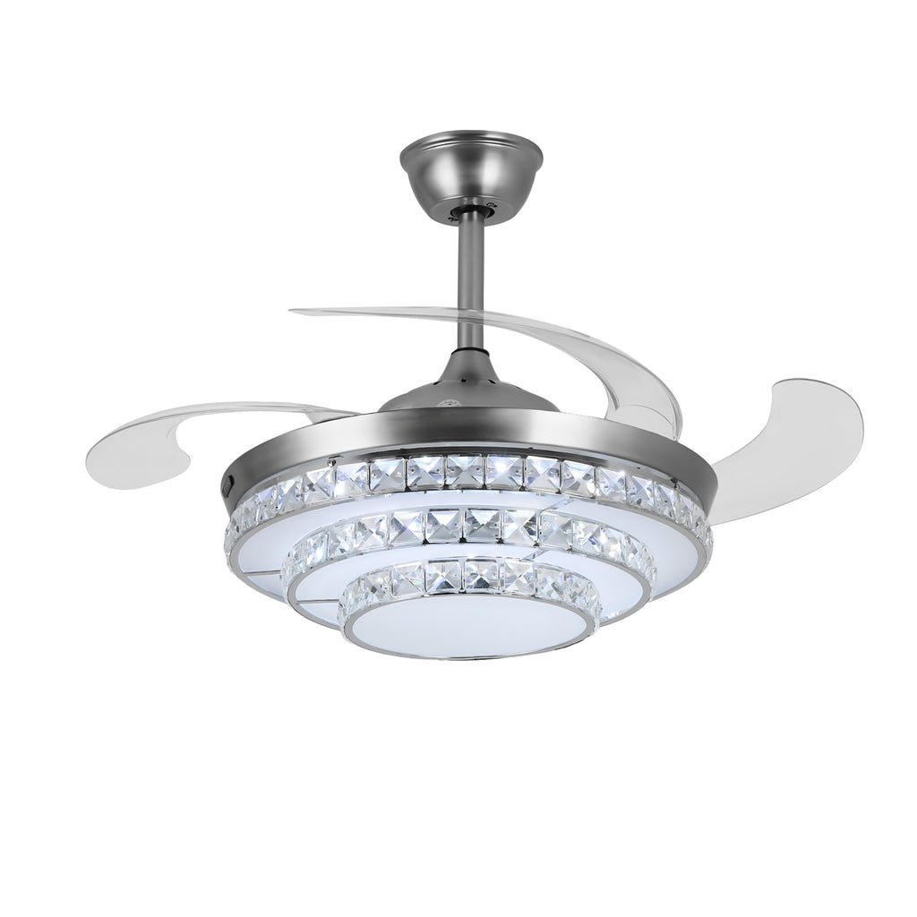 42'' Modern Silver Ceiling Fan with Crystal Light & Remote Control YXSJ3B-P-2S-42-L