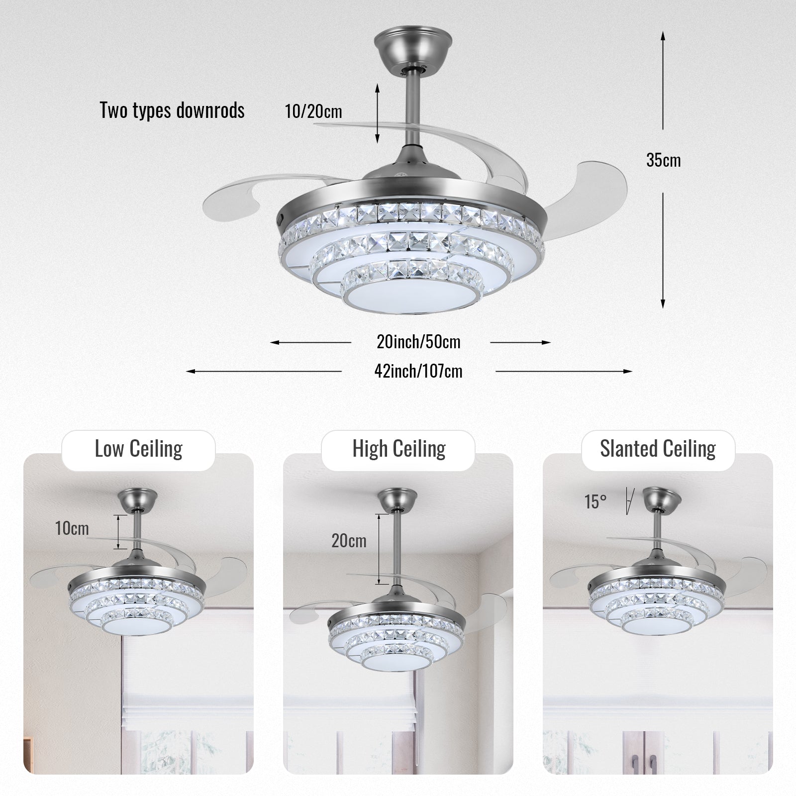 42'' Modern Silver Ceiling Fan with Crystal Light & Remote Control by USOR - Australian Ceiling Fan Store