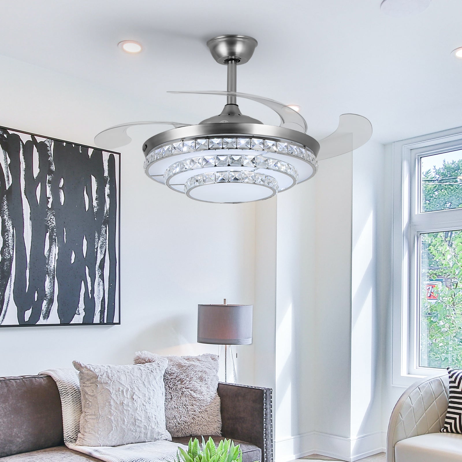 42'' Modern Silver Ceiling Fan with Crystal Light & Remote Control by USOR - Australian Ceiling Fan Store