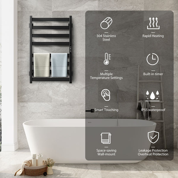 Heated Towel Rail, 6 Compartment Wall Mounted Bathroom Heated Towel Rail With Timer And LED Indicator