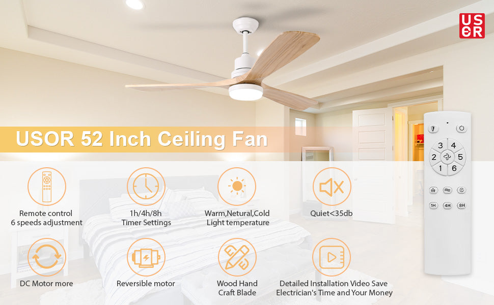 52'' Modern White&Brown Ceiling Fan with Light & Remote Control MZ3B-W-BrW-52-L